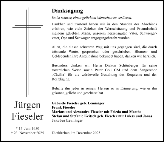 Traueranzeige von Jürgen Fieseler von Nassauische Neue Presse