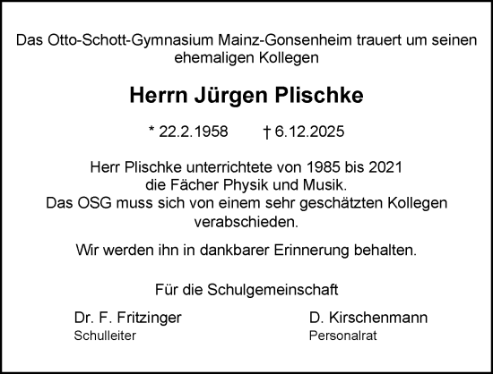 Traueranzeige von Jürgen Plischke von Allgemeine Zeitung Mainz