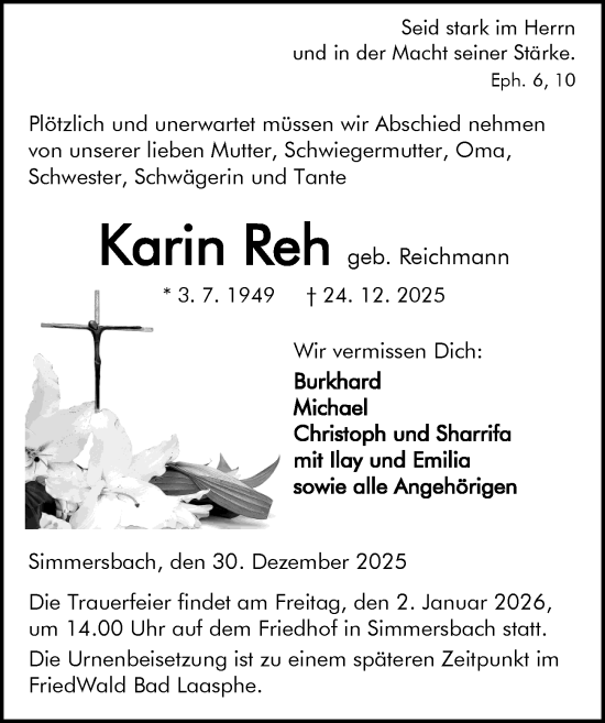Traueranzeige von Karin Reh von Dill Block