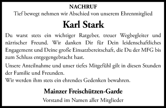 Traueranzeige von Karl Stark von Allgemeine Zeitung Mainz