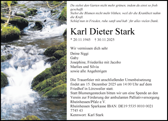 Traueranzeige von Karl Dieter Stark von Allgemeine Zeitung Mainz