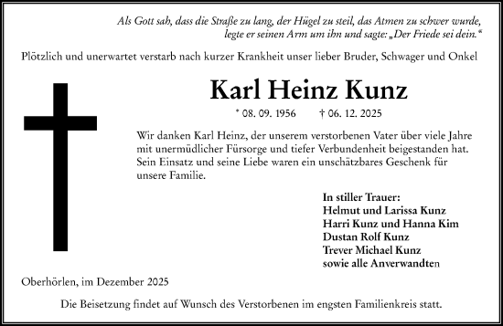 Traueranzeige von Karl Heinz Kunz von Hinterländer Anzeiger