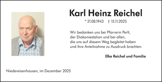 Traueranzeige von Karl Heinz Reichel von Hinterländer Anzeiger