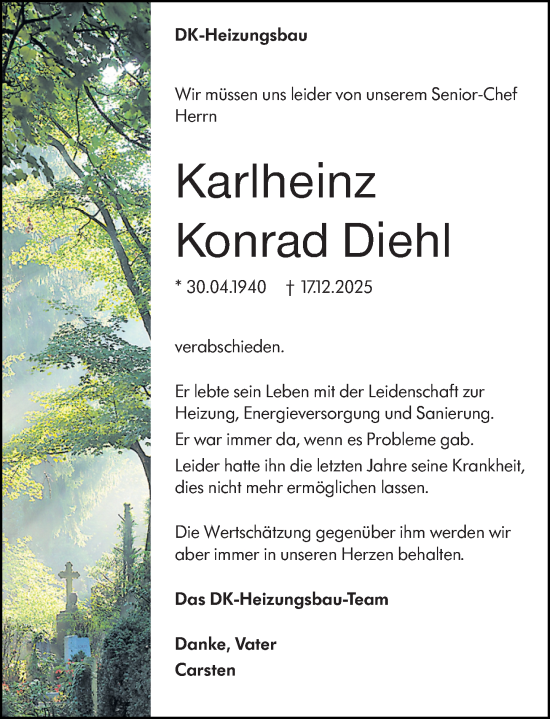 Traueranzeige von Karlheinz Konrad Diehl von Allgemeine Zeitung Rheinhessen-Nahe