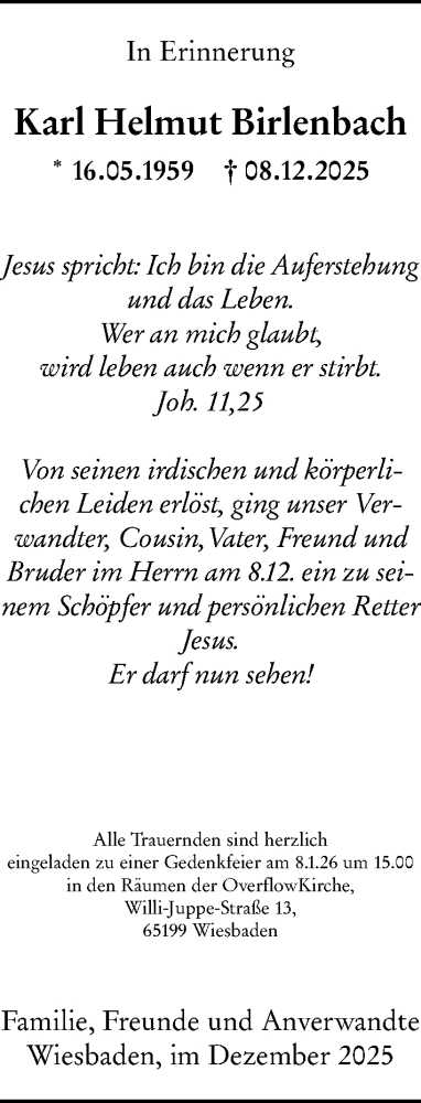 Traueranzeige von Karl Helmut Birlenbach von Wiesbadener Kurier