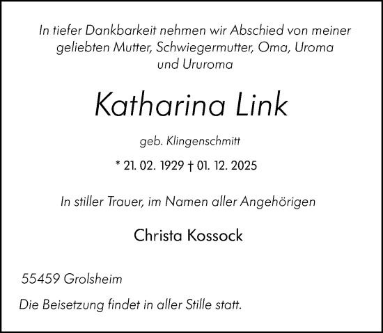 Traueranzeige von Katharina Link von Binger-/Ingelheimer Wochenblatt