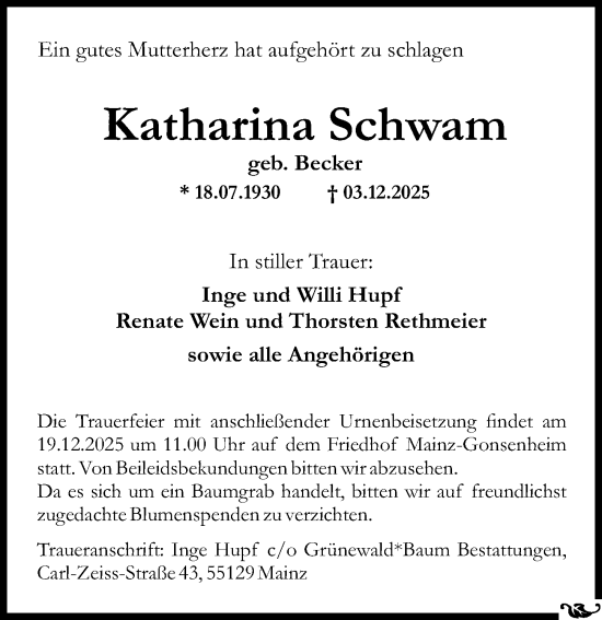 Traueranzeige von Katharina Schwam von Allgemeine Zeitung Mainz