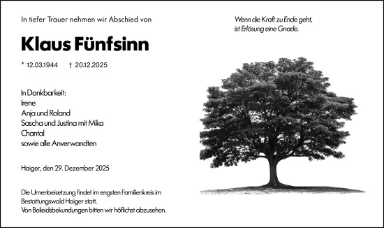 Traueranzeige von Klaus Fünfsinn von Dill Block