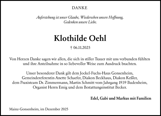 Traueranzeige von Klothilde Oehl von Allgemeine Zeitung Mainz
