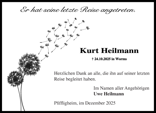 Traueranzeige von Kurt Heilmann von Wormser Zeitung