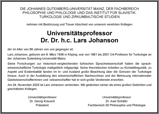 Traueranzeige von Lars Johanson von Allgemeine Zeitung Mainz