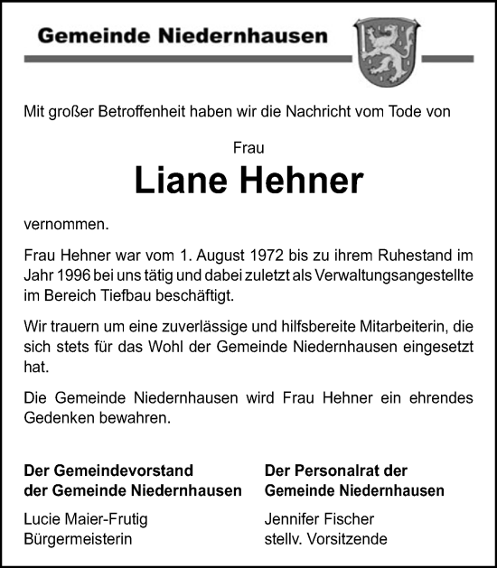 Traueranzeige von Liane Hehner von Idsteiner Land/Untertaunus