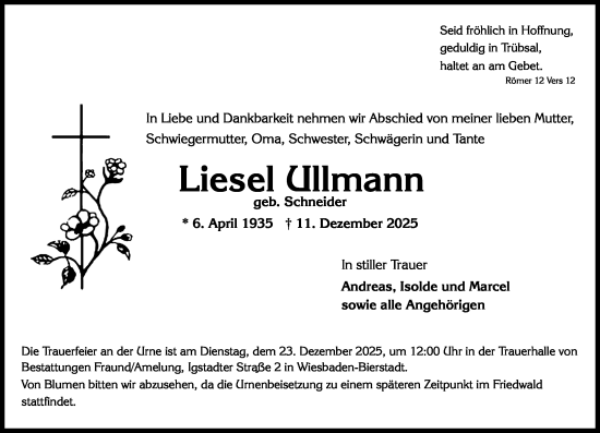 Traueranzeige von Liesel Ullmann von Wiesbadener Kurier