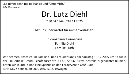 Traueranzeige von Lutz Diehl von Allgemeine Zeitung Alzey
