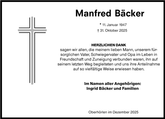 Traueranzeige von Manfred Bäcker von Hinterländer Anzeiger