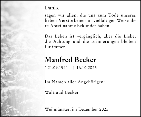 Traueranzeige von Manfred Becker von Weilburger Tageblatt