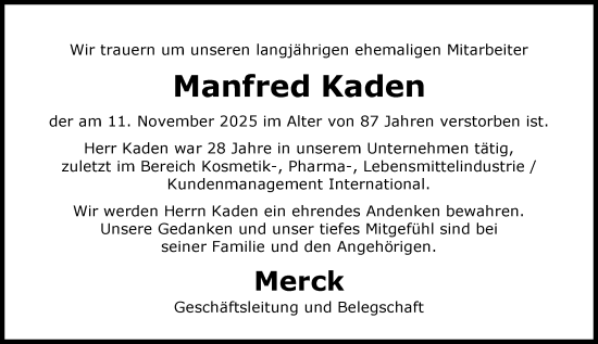 Traueranzeige von Manfred Kaden von Darmstädter Echo