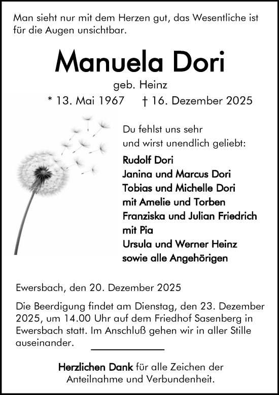 Traueranzeige von Manuela Dori von Dill Block