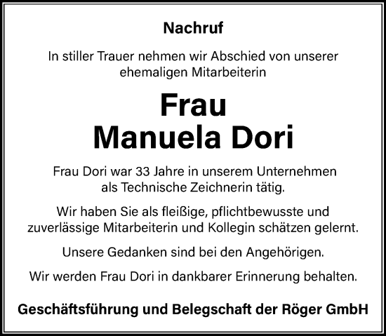Traueranzeige von Manuela Dori von Dill Block