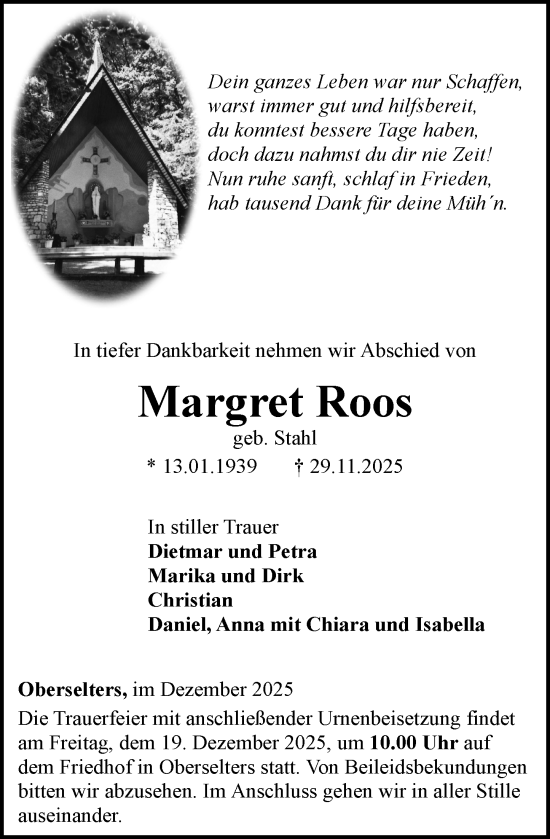 Traueranzeige von Margret Roos von Camberger Anzeiger