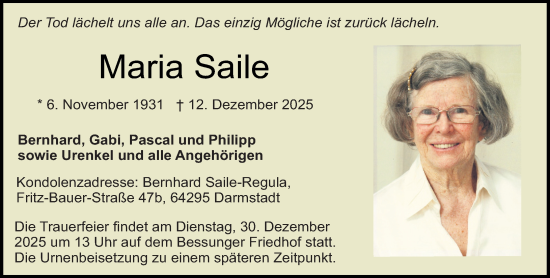 Traueranzeige von Maria Saile von Darmstädter Echo