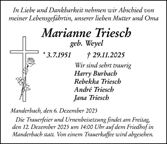Traueranzeige von Marianne Triesch von Dill Block