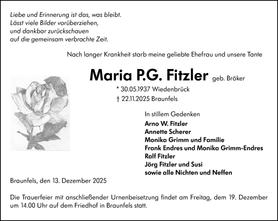 Traueranzeige von Maria P. G. Fitzler von Wetzlarer Neue Zeitung