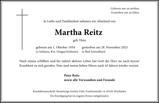 Traueranzeige von Martha Reitz von Wiesbadener Kurier