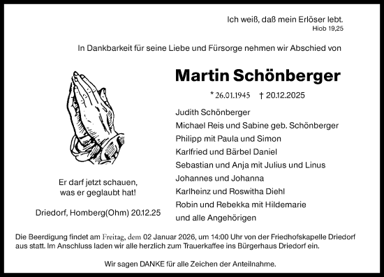 Traueranzeige von Martin Schönberger von Dill Block