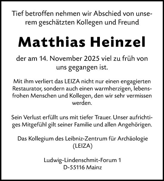 Traueranzeige von Matthias Heinzel von Allgemeine Zeitung Mainz