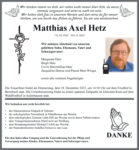 Traueranzeige von Matthias Axel Hetz von Weilburger Tageblatt