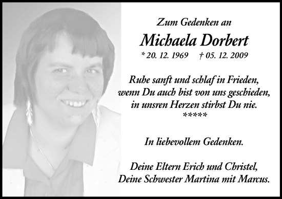 Traueranzeige von Michaela Dorbert von Allgemeine Zeitung Mainz