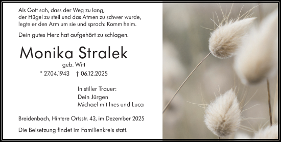 Traueranzeige von Monika Stralek von Hinterländer Anzeiger