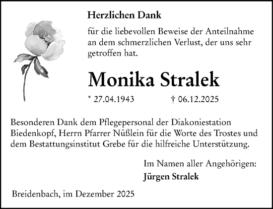 Traueranzeige von Monika Stralek von Hinterländer Anzeiger