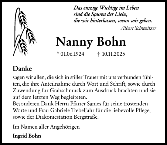 Traueranzeige von Nanny Bohn von Darmstädter Echo