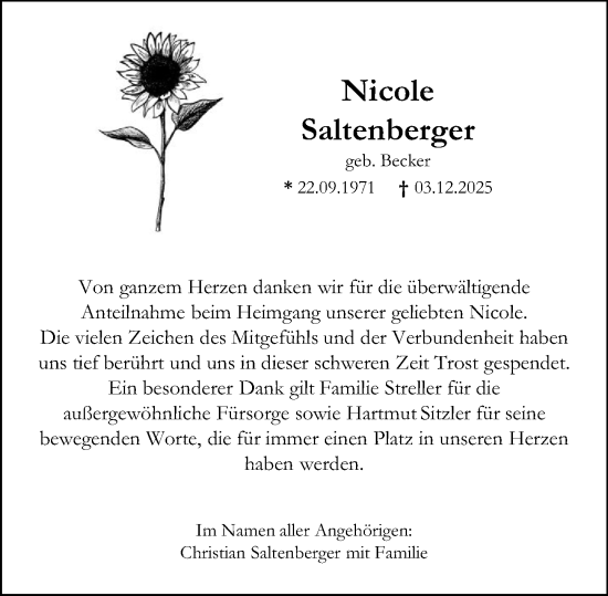 Traueranzeige von Nicole Saltenberger von Wetzlarer Neue Zeitung