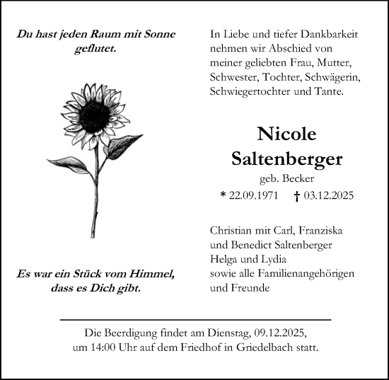 Traueranzeige von Nicole Saltenberger von Wetzlarer Neue Zeitung