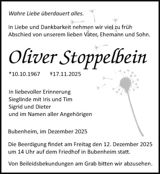Traueranzeige von Oliver Stoppelbein von Allgemeine Zeitung Rheinhessen-Nahe