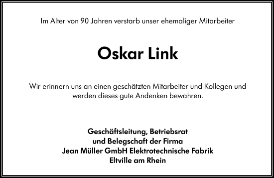Traueranzeige von Oskar Link von Rheingau Kurier