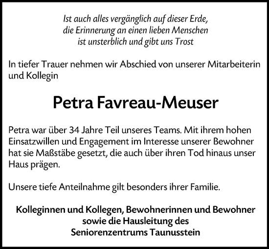 Traueranzeige von Petra Favreau-Meuser von Wiesbadener Kurier