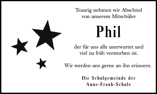 Traueranzeige von Phil  von Dieburger Anzeiger/Groß-Zimmerner Lokal-Anzeiger