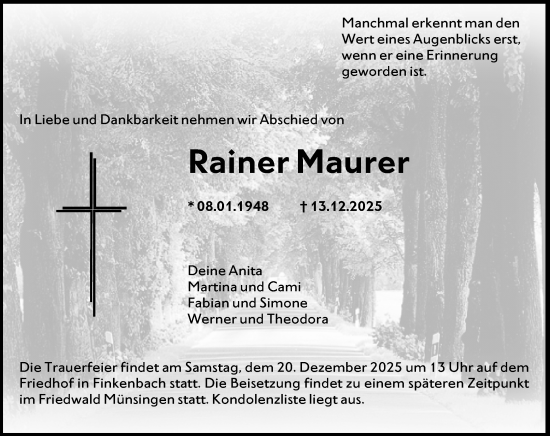 Traueranzeige von Rainer Maurer von Odenwälder Echo