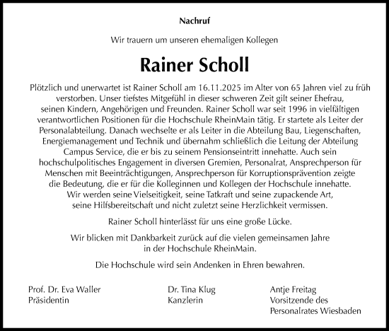 Traueranzeige von Rainer Scholl von Wiesbadener Kurier