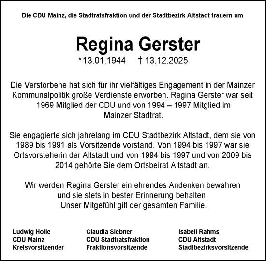 Traueranzeige von Regina Gerster von Allgemeine Zeitung Mainz