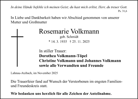 Traueranzeige von Rosemarie Volkmann von Wetzlarer Neue Zeitung