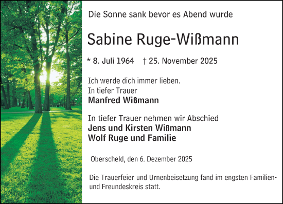 Traueranzeige von Sabine Ruge-Wißmann von Dill Block