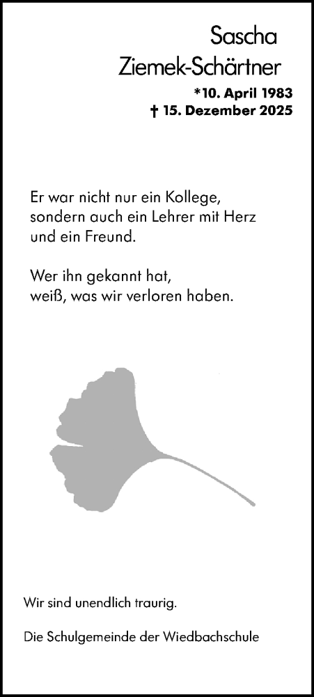 Traueranzeige von Sascha Ziemek-Schärtner von Idsteiner Land/Untertaunus