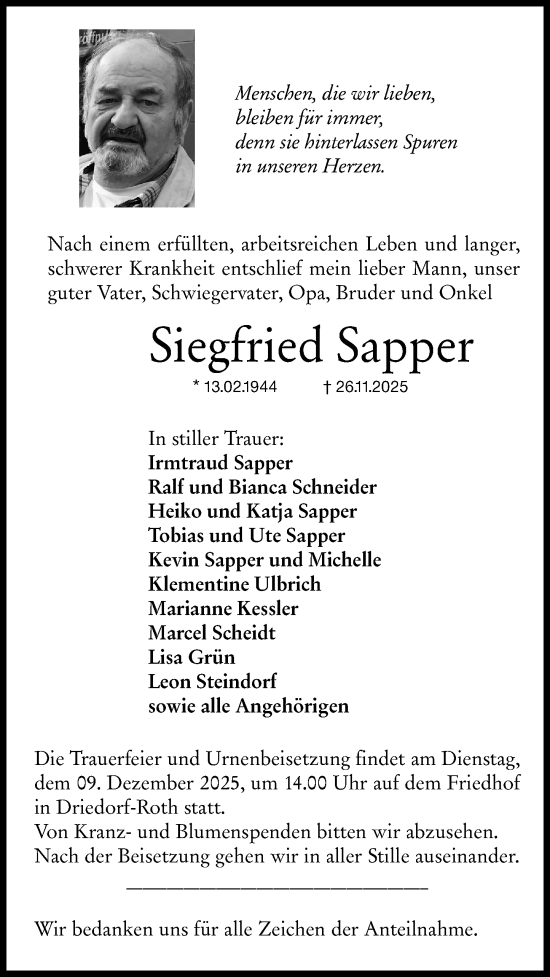 Traueranzeige von Siegfried Sapper von Dill Block