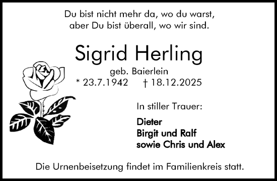 Traueranzeige von Sigrid Herling von Darmstädter Echo
