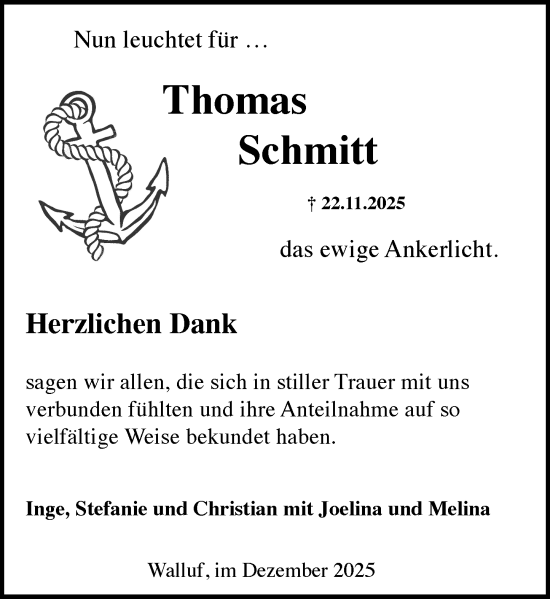 Traueranzeige von Thomas Schmitt von Wiesbadener Kurier